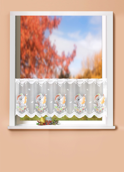 Kurzgardinen - Kurzvorhang «Igel mit Birne», in Größe 660 (H30xB100 cm) bis 862 (H60xB150 cm), in Farbe IGEL MIT BIRNE Ansicht 1