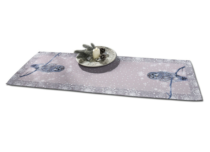 Tischdecken - Tisch- und Raumdekoration mit Schnee-Eulen-Motiv, in Größe 101 (Läufer, 35x 50 cm) bis 404 (Kissenbezug, 40x 40 cm), in Farbe