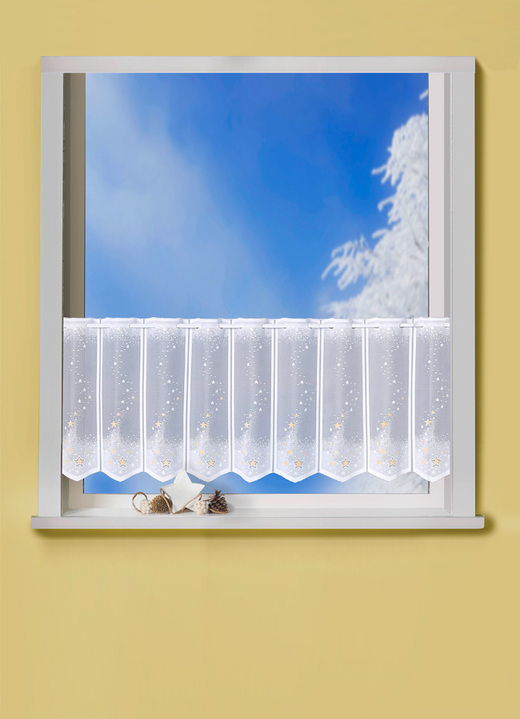 Kurzgardinen - Kurzvorhang «Sterne», in Größe 860 (H50xB100 cm) bis 880 (H50xB157 cm), in Farbe WEISS Ansicht 1