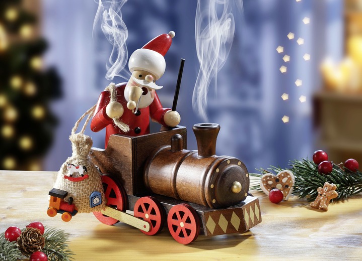- Räucherfigur Weihnachtsmann in einer Lokomotive», in Farbe BRAUN