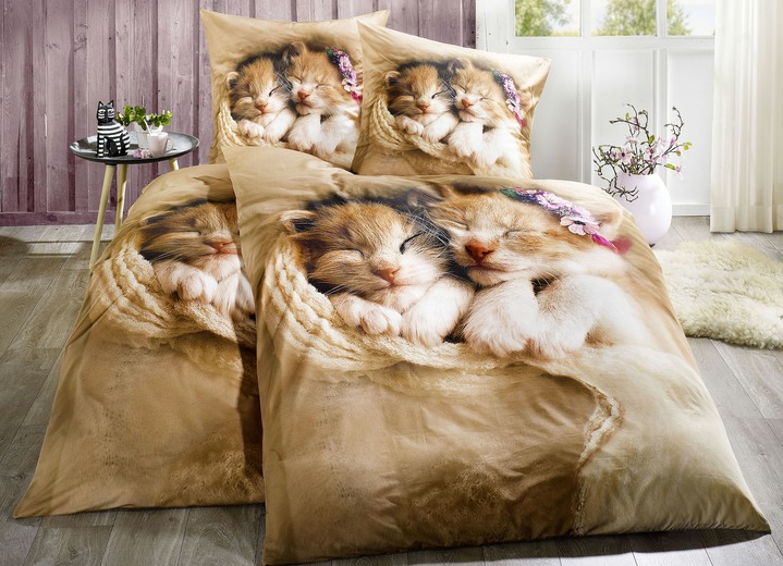 Bettwäschegarnituren - «Dobnig» Bettwäsche mit Katzenkindern, in Farbe NOUGAT