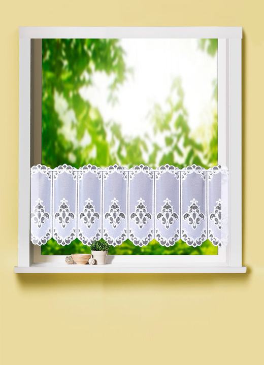 Kurzgardinen - Kurzvorhang «Ornament», in Größe 788 (H45xB105 cm) bis 862 (H60xB150 cm), in Farbe WEISS