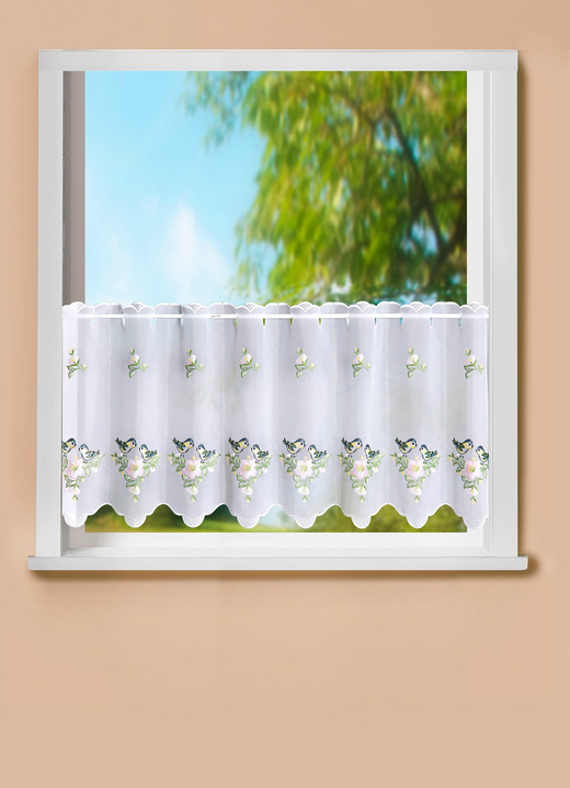 Vorhänge - Kurzstore mit Plauener Stickerei, in Größe 788 (H40xB 96 cm) bis 858 (H55xB128 cm), in Farbe ECRU-FARBIG Ansicht 1