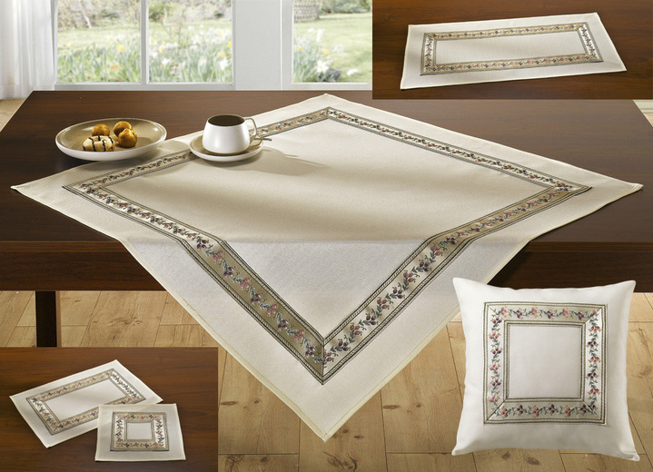 - Stilvolle Tisch- und Raumdekoration mit  umlaufender Bordüre, in Größe 101 (Deckchen, 35x 50 cm) bis 404 (Kissenbezug, 40x 40 cm), in Farbe SEKT Ansicht 1