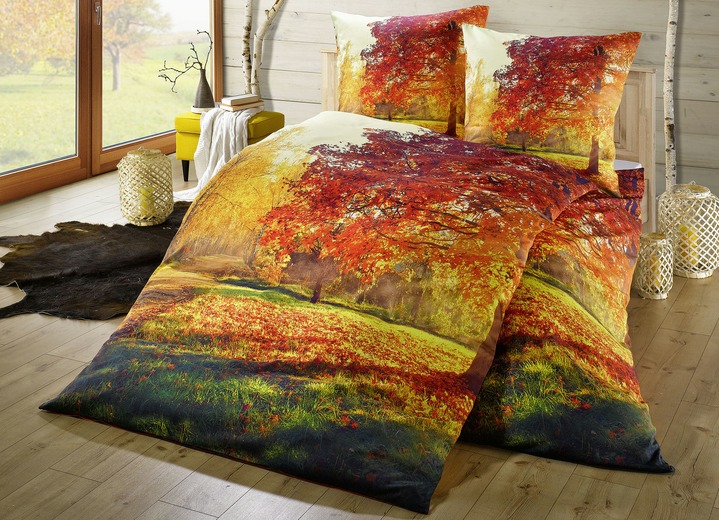 Bettwäschegarnituren - «MESANA» Bettwäsche-Garnitur mit Herbstlandschaft, in Farbe ORANGE