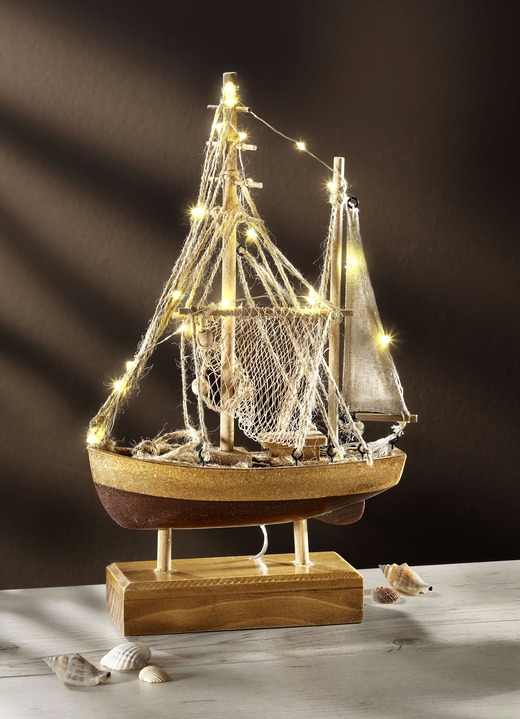 - Beleuchtetes Fischerboot aus Holz, in Farbe BRAUN