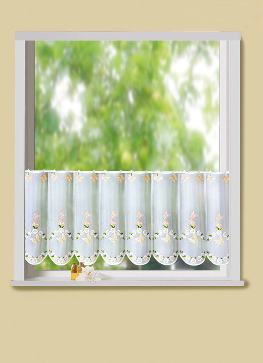 - Kurzvorhang mit Plauener Stickerei und Stangendurchzug, in Größe 661 (H30xB 95 cm) bis 876 (H50xB160 cm), in Farbe WEISS-BUNT Ansicht 1