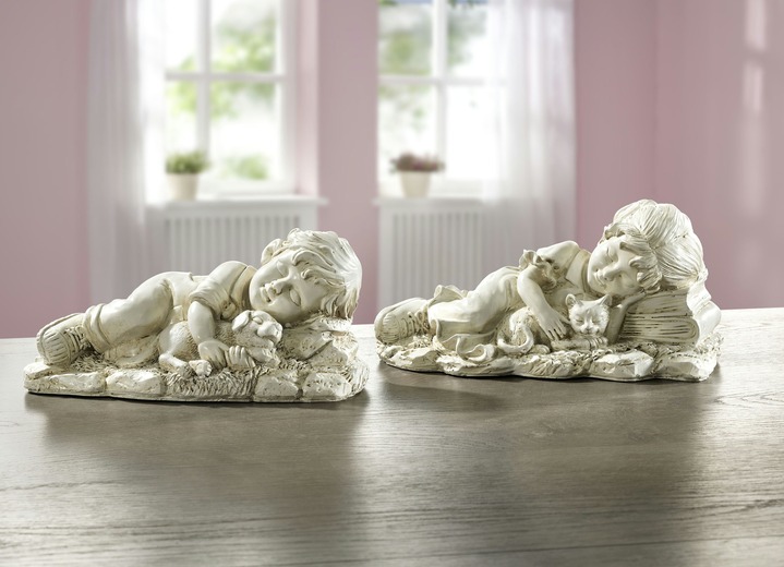 Figuren - Schlafende Kinder aus Polyresin, verschiedene Ausführungen, in Farbe WEISS, in Ausführung Schlafendes Mädchen mit Katze