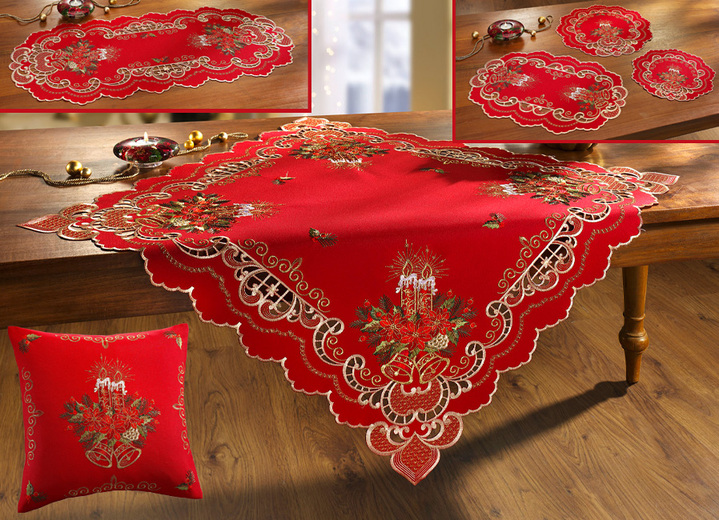 Tischdecken - Aufwendig gestaltete Tisch- und Raumdekoration, in Größe 101 (Deckchen oval, 35x 50 cm) bis 404 (Kissenbezug, 40x 40 cm), in Farbe ROT