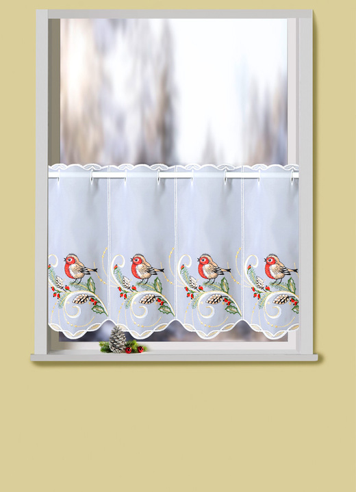 Kurzgardinen - Kurzvorhang mit echter Plauener Stickerei und Stangendurchzug, in Größe 822 (H35xB 80 cm) bis 862 (H55xB144 cm), in Farbe WEISS-BUNT Ansicht 1