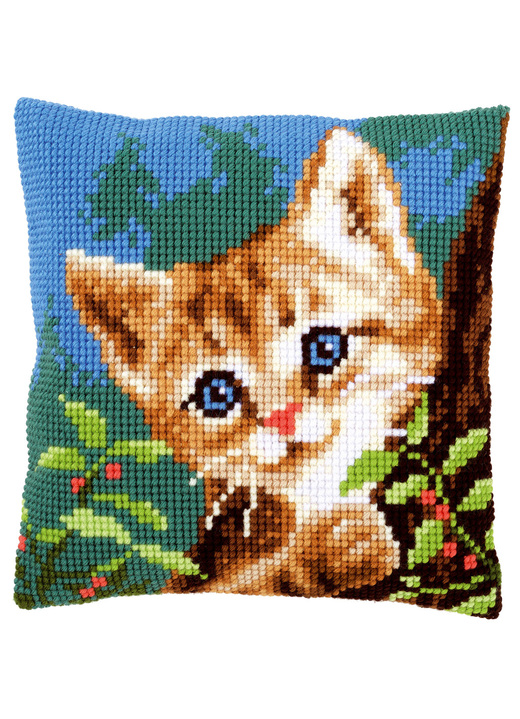 Dekokissen & Hüllen - Stickkissen Katze mit Zubehör, in Farbe BUNT