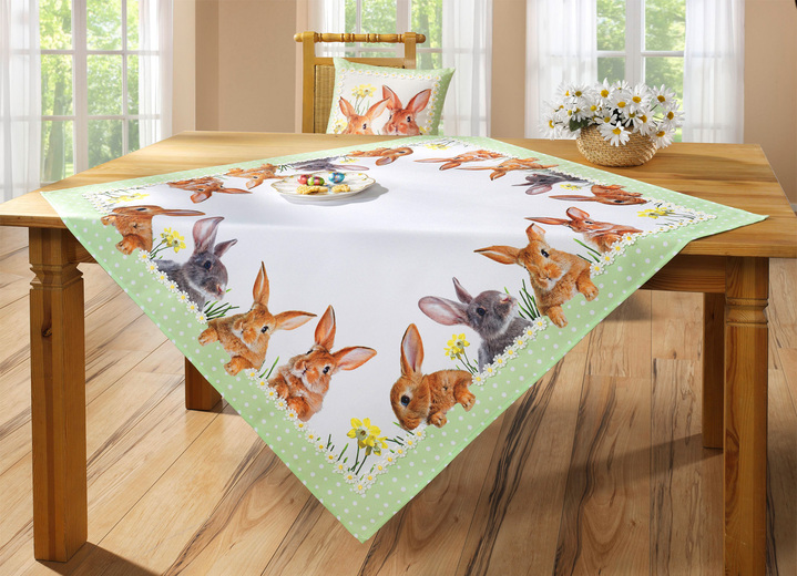 Tischdecken - Tisch- und Raumdekoration mit Hasen-Motiven, in Größe 101 (2x Platzset, 35x 50 cm) bis 404 (Kissenbezug, 40x 40 cm), in Farbe WEISS-BUNT Ansicht 1