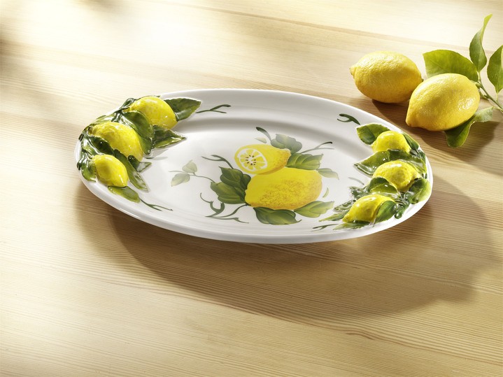 Geschirr - Servierplatte mit Zitronen 3D-Relief-Dekor, in Farbe WEISS-GELB