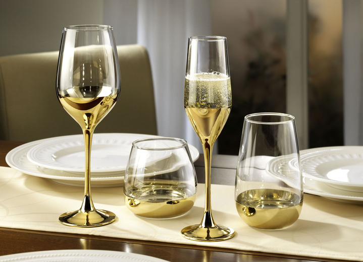 Geschirr - Gläser-Serie aus hochwertigem Kristall-Glas, 4er-Set, in Farbe GOLD-TRANSPARENT, in Ausführung Longdrinkgläser