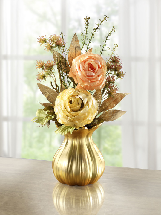 Kunst- & Textilpflanzen - Rosen-Gesteck in Vase, in Farbe CREME-GOLD