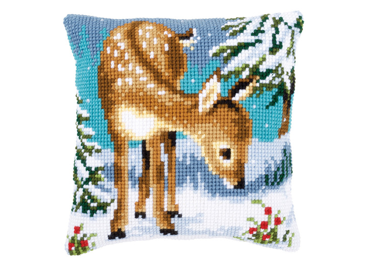 - Kreuzstichkissen mit Winter-Motiven, in Farbe BUNT, in Ausführung Stickkissen Rehkitz