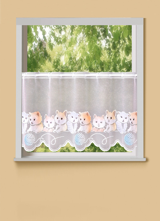 Kurzgardinen - Kurzstore mit Katzen-Motiv, in Größe 824 (H45xB100 cm) bis 858 (H60xB134 cm), in Farbe WEISS-BUNT