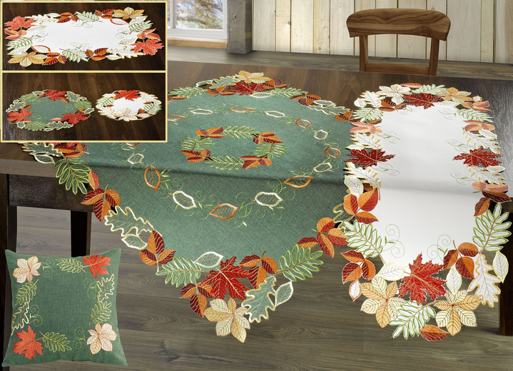 Dekokissen & Hüllen - Herbstliche Tisch- und Raumdekoration mit Blattmotiven, in Größe 101 (Deckchen, 35x 50 cm) bis 404 (Kissenbezug, 40x 40 cm), in Farbe GRÜN-BUNT Ansicht 1