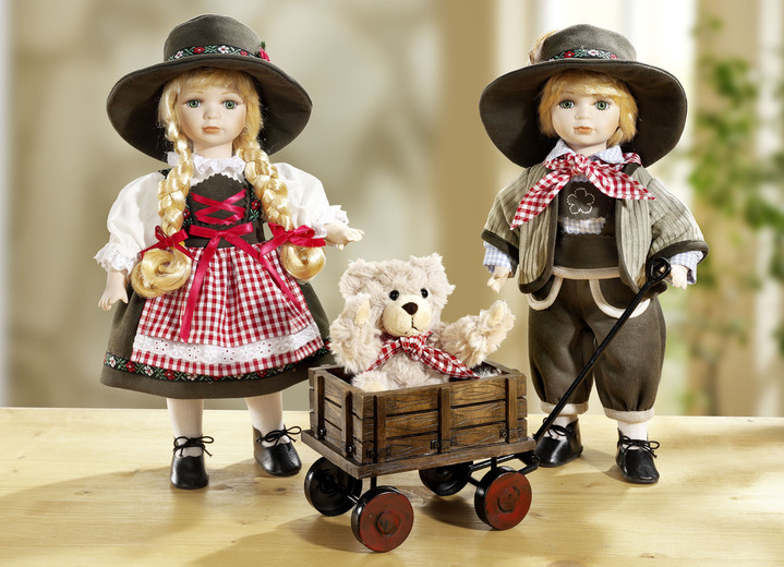Puppen - Puppenpaar mit Teddybär im Bollerwagen, 3er-Set, in Farbe BRAUN-ROT