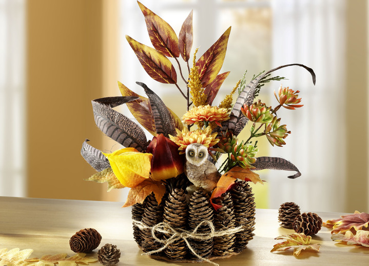 Wohnaccessoires - Herbst-Gesteck mit Eule , in Farbe GELB-BRAUN
