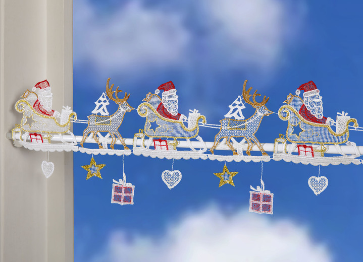 Fensterbilder - Stangendekoration Weihnachtsmann aus Plauener Spitze, in Größe 628 (H19xB 22 cm) bis 686 (H19xB110 cm), in Farbe BUNT