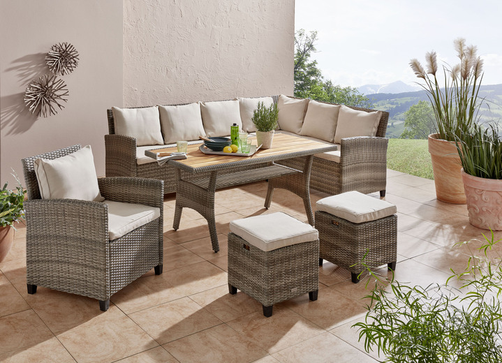 Gartenmöbel - Lounge-Set «Flair» aus hochwertigen Materialien, in Farbe BEIGE, in Ausführung Lounge-Set mit brauner Holzplatte Ansicht 1