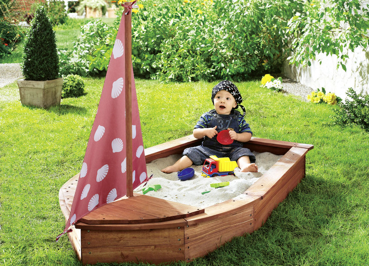Freizeitspass - Sandkasten «Boot» aus massivem Zypressenholz, in Farbe BRAUN