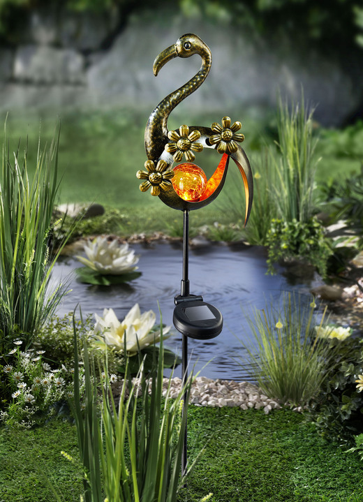 Leuchtende Dekoration - Solarvogel Melilla aus bronzefarbenem Metall, in Farbe GOLD-SCHWARZ