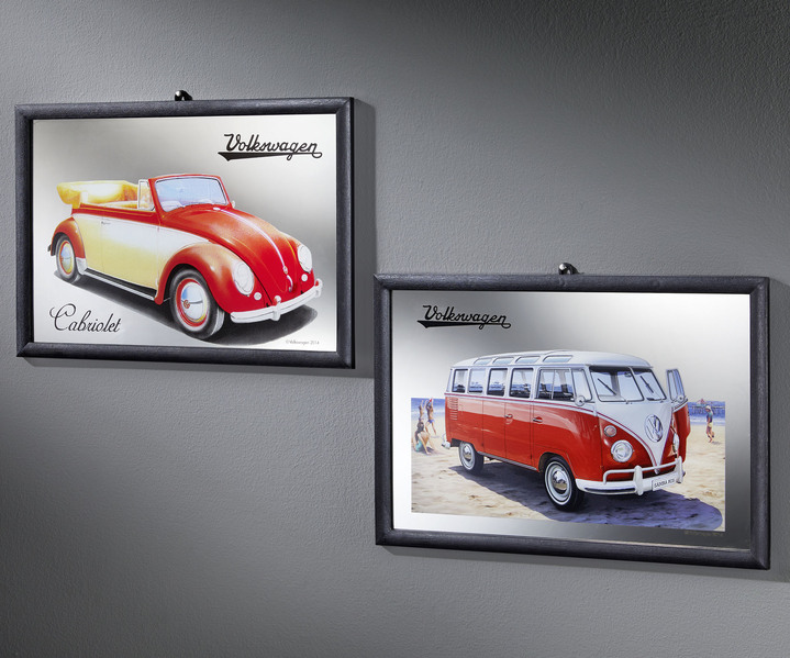 Modern - Nostalgiesches Spiegelbild aus Glas, in Farbe ROT, in Ausführung Spiegelbild VW-Cabrio