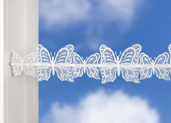 Kurzgardinen - Frühlingshafte Fensterdekoration aus echter Plauener Spitze, in Größe 627 (H12xB 22 cm) bis 662 (H12xB130 cm), in Farbe WEISS