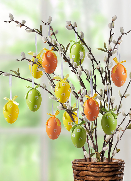Ostern - Ostereier mit frühlingshaftem Motiv, 12er-Set, in Farbe GELB-GRÜN-ORANGE Ansicht 1