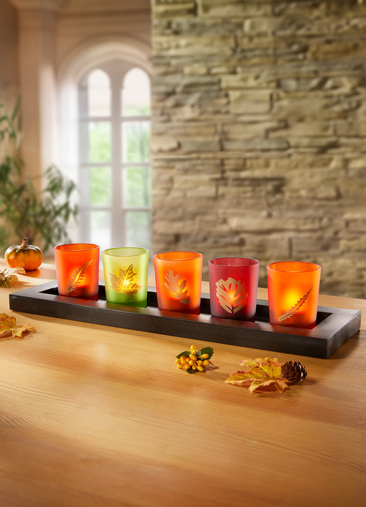 Wohnaccessoires - Glas-Teelichthalter mit Holzbrett, in Farbe BUNT
