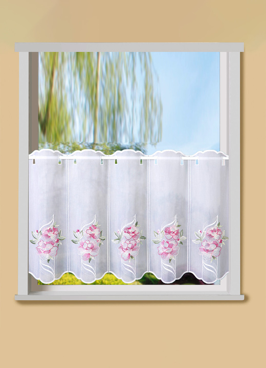 Kurzgardinen - Kurzvorhang Blumenbouquet mit Stangendurchzug, in Größe 661 (H30xB 90 cm) bis 858 (H60xB120 cm), in Farbe PINK-GRÜN Ansicht 1