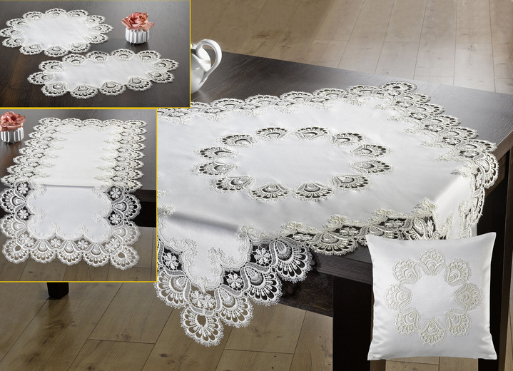 - Herrliche Accessoires aus Plauener Spitze, in Größe 102 (Läufer eckig, 40x90 cm) bis 404 (Kissenbezug, 40x40 cm), in Farbe CREME Ansicht 1