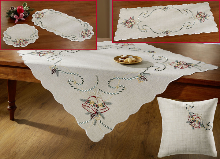 Dekokissen & Hüllen - Tisch- und Raumdekoration mit echter Plauener Stickerei, in Größe 110 (Deckchen rund, ø 26 cm) bis 404 (Kissenbezug, 40x 40 cm), in Farbe NATUR-BUNT Ansicht 1
