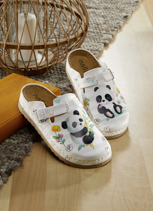 - Bequemer Clog mit niedlichem Panda-Druck, in Größe 036 bis 042, in Farbe WEISS-BEIGE Ansicht 1