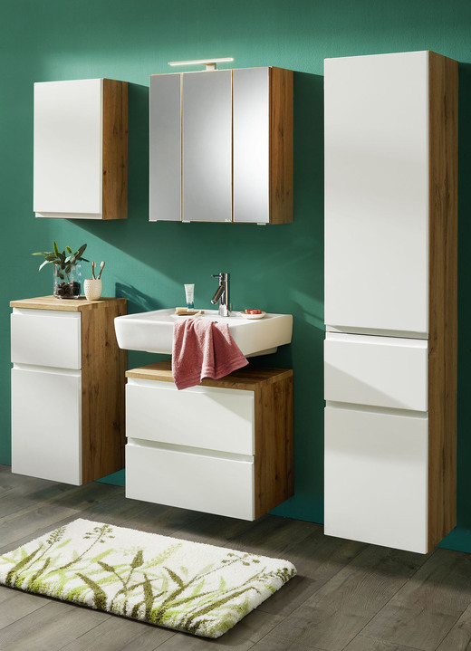Badezimmermöbel - Auch hängend montierbares Badmöbel-Programm, in Farbe WOTANEICHE, in Ausführung 3D-Spiegelschrank, 3-türig Ansicht 1