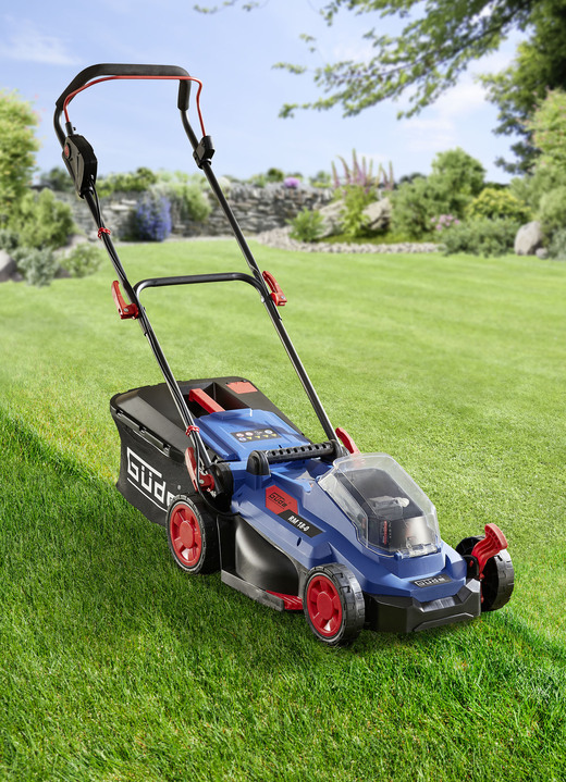 Gartengeräte und Zubehör - Akku-Rasenmäher für Garten-Akkusystem, in Farbe BLAU-SCHWARZ-ROT