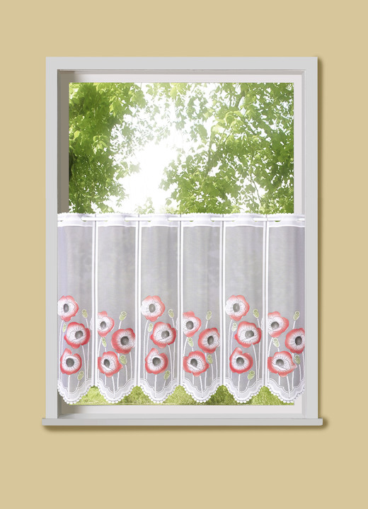 Kurzgardinen - Handcolorierter Kurzstore mit Mohnblumen, in Größe 788 (45x 90 cm) bis 858 (60x150 cm), in Farbe WEISS-ROT Ansicht 1