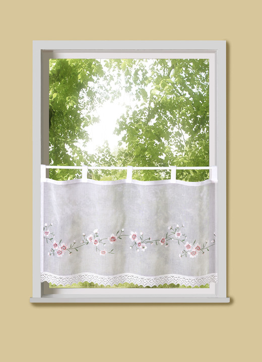 Kurzgardinen - Kurzvorhang Blumenblüten mit Schlaufen, in Größe 661 (H30xB 90 cm) bis 859 (H60xB145 cm), in Farbe WEISS Ansicht 1