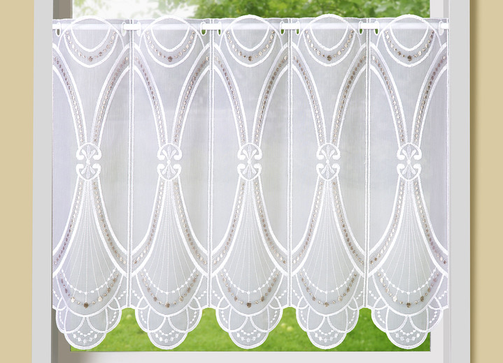 Kurzgardinen - Kurzvorhang Gatsby mit echter Stickerei, in Größe 784 (45x 90 cm) bis 859 (60x155 cm), in Farbe WEISS-TAUPE