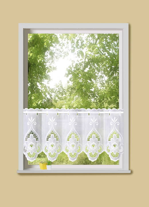 Kurzgardinen - Kurzvorhang Blume mit Stangendurchzug, in Größe 786 (H45xB 95 cm) bis 896 (H120xB160 cm), in Farbe WEISS Ansicht 1