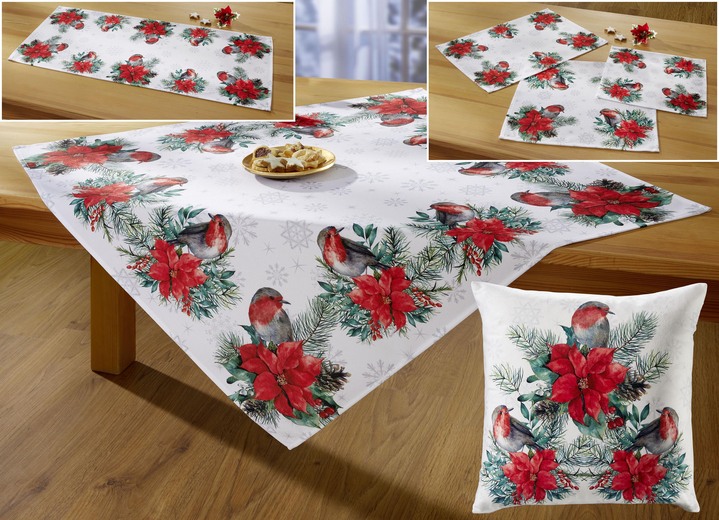 Tischdecken - Tisch- und Raumdekoration mit niedlichen Rotkehlchen, in Größe 101 (Deckchen, 35x 50 cm) bis 404 (Kissenbezug, 40x 40 cm), in Farbe BUNT Ansicht 1