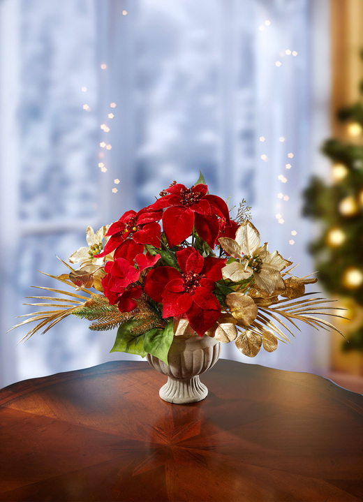 - Poinsettia/Hortensie-Arrangement in Keramikpokal, in Farbe ROT-GOLD Ansicht 1
