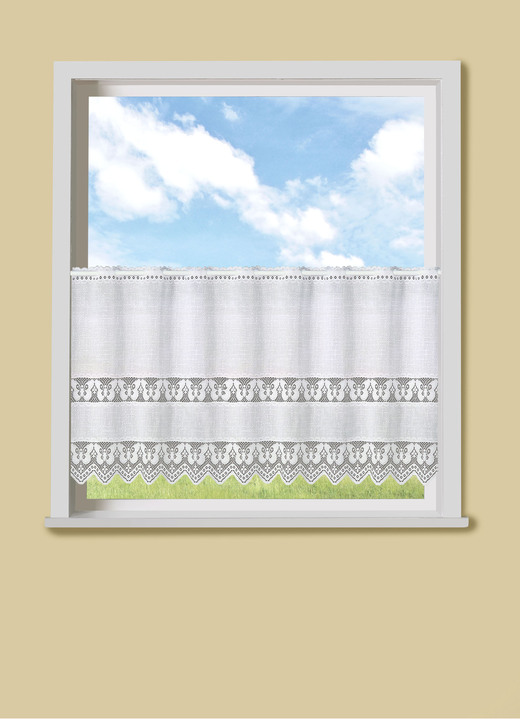 Kurzgardinen - Kleinfenster-Vorhang mit gezacktem Abschluss und Stangendurchzug, in Größe 854 (H 75xB100 cm) bis 894 (H120xB150 cm), in Farbe WEISS Ansicht 1