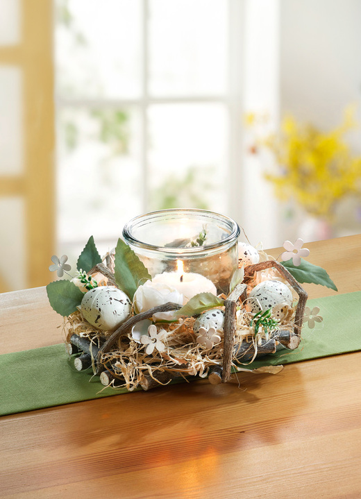 Ostern - Windlicht auf Kranz aus Haselnusszweigen, in Farbe NATUR-GRÜN-WEISS