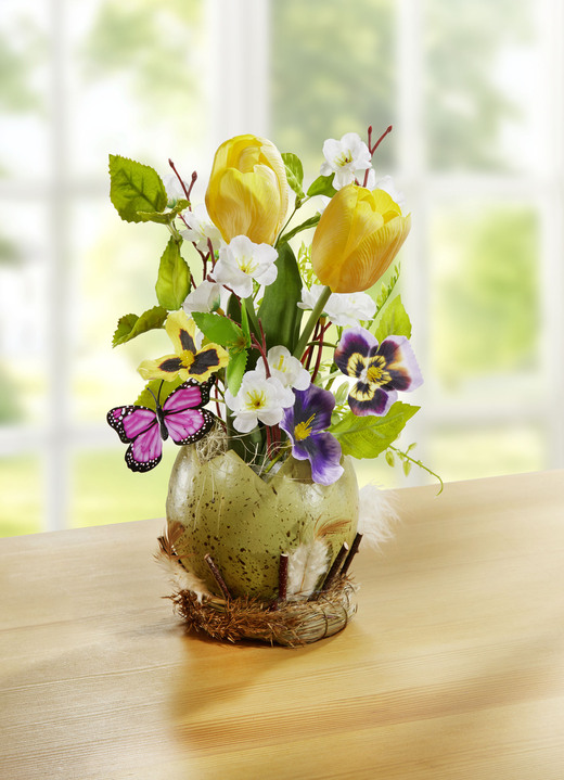- Tulpen/Stiefmütterchen-Gesteck im Ei-Topf, in Farbe GRÜN-GELB