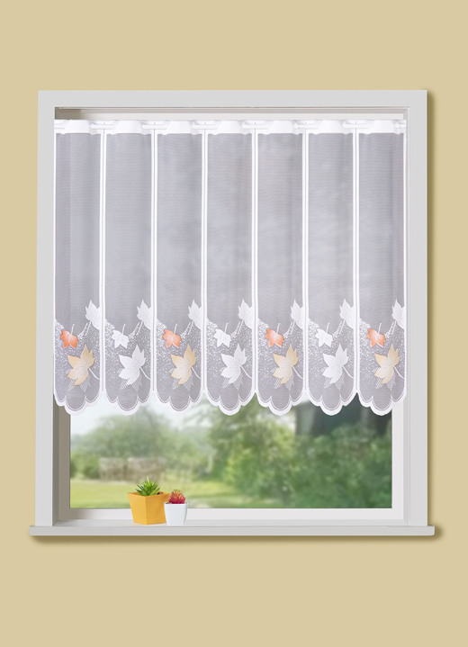 Kurzgardinen - Kurzvorhang mit herbstlichem Blättermotiv, in Größe 856 (H60xB104 cm) bis 894 (H100xB164 cm), in Farbe WEISS-TERRA