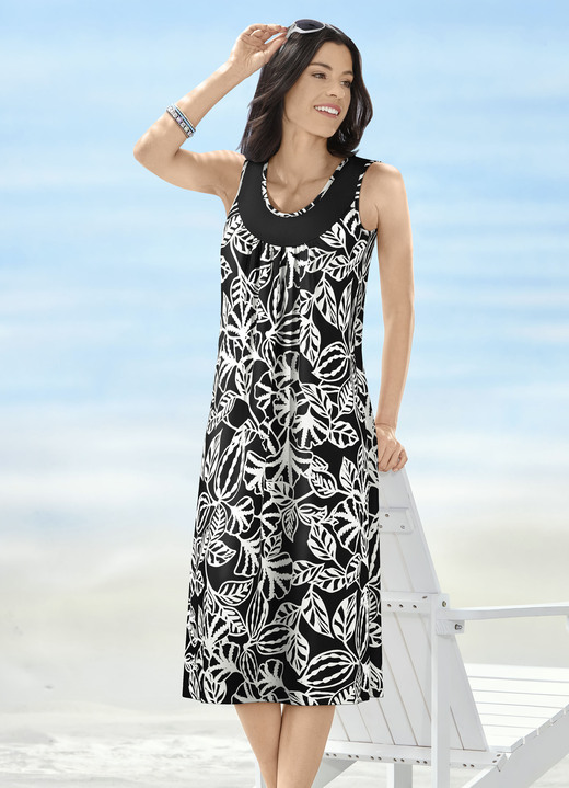 Strandkleider - Klaus Modelle Kleid mit farbbrillantem Druckdessin, in Größe 040 bis 060, in Farbe SCHWARZ-WEISS