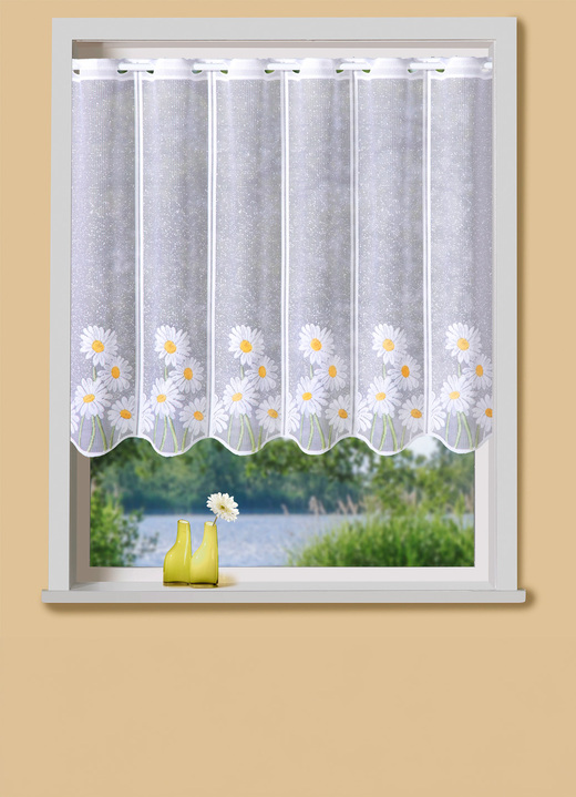 Kurzgardinen - Kurzvorhang mit Stangendurchzug und gebogtem Abschluss, in Größe 856 (H60xB104 cm) bis 896 (H100xB164 cm), in Farbe WEISS-BUNT Ansicht 1